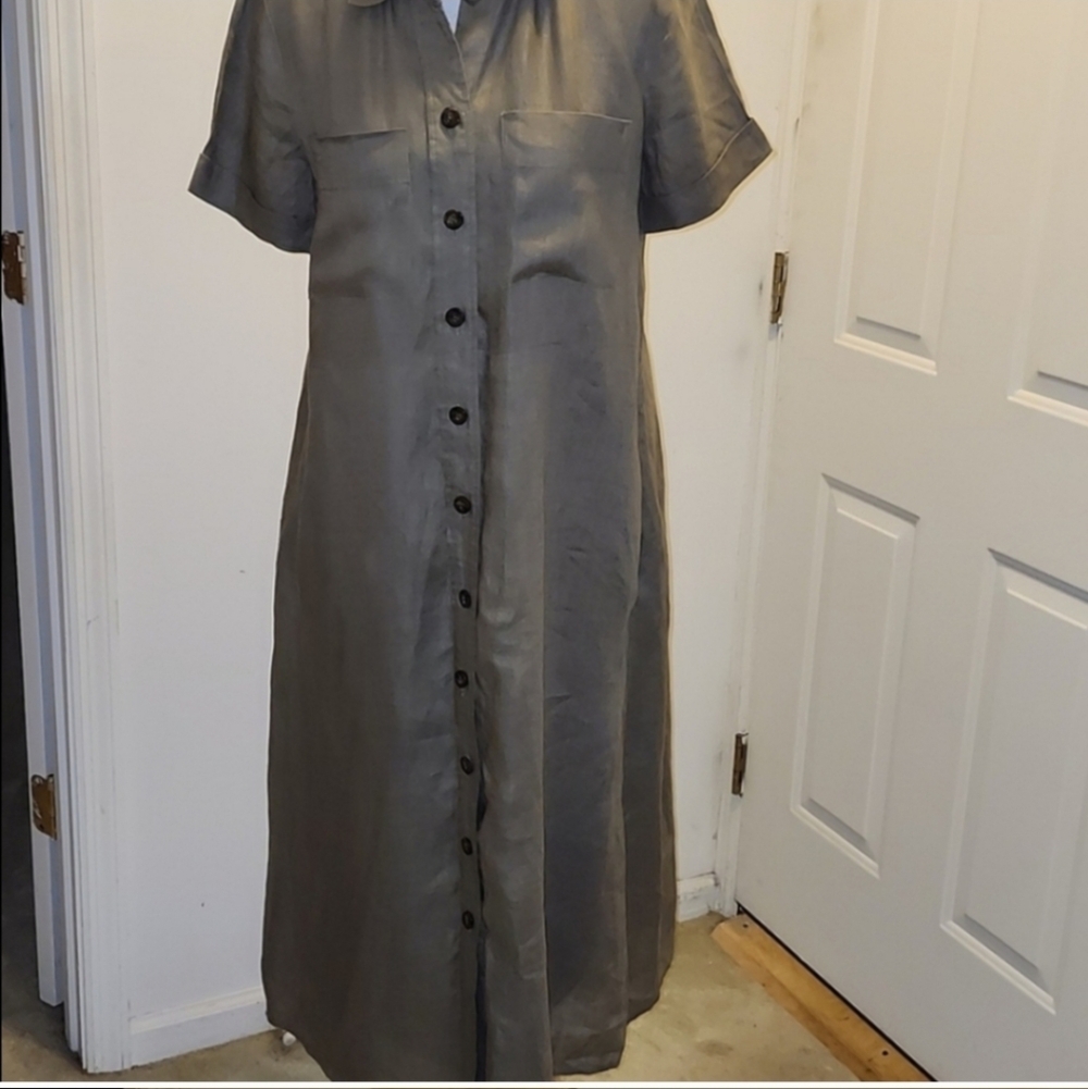 Magaschoni Green Short Sleeve Midi Shirt Dress 100% Linen Women’s Size Medium